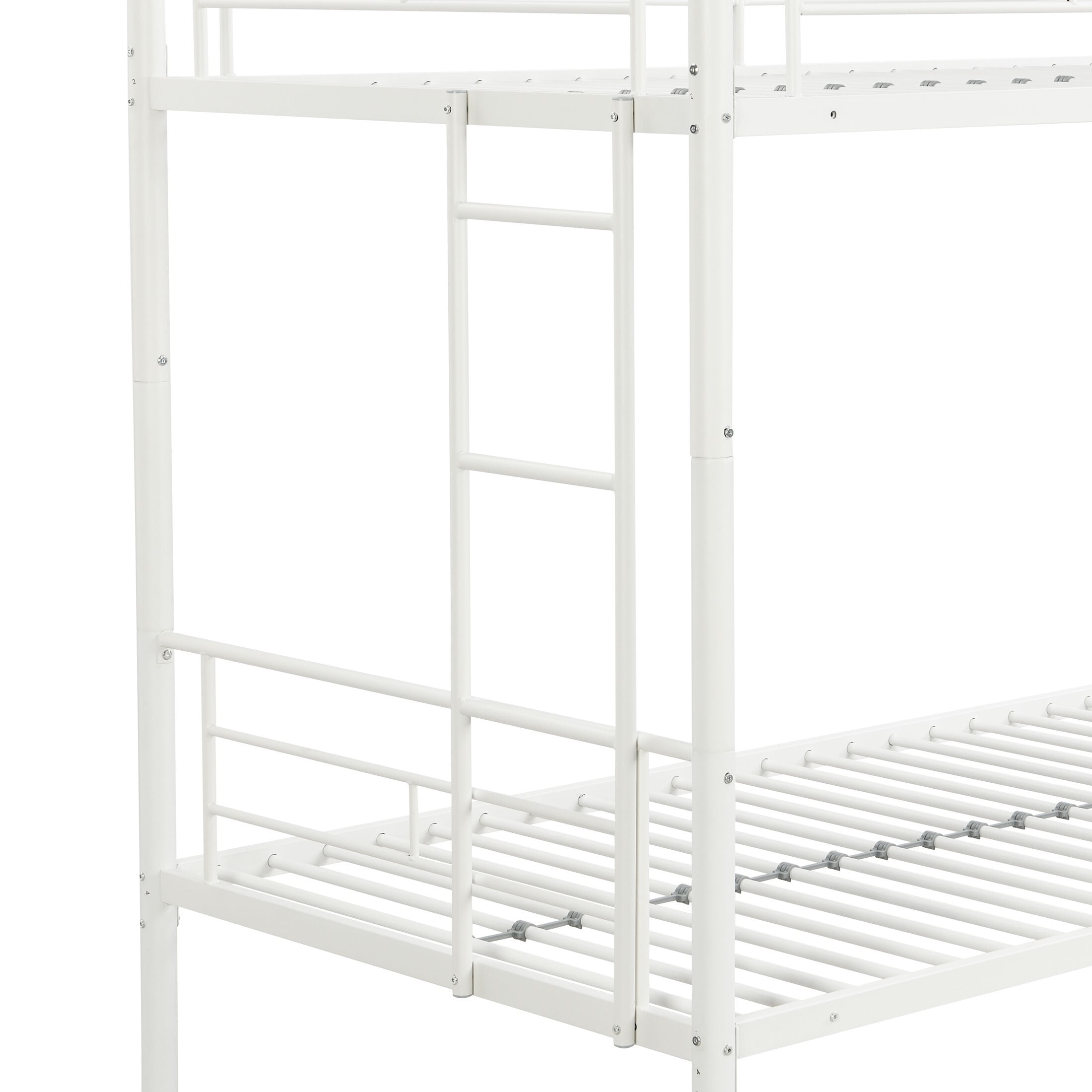 DEALTOPS Metal Bunk Bed Twin Over Twin, Durable Bunk Bed with Ladder and Full-Length Guardrail, White