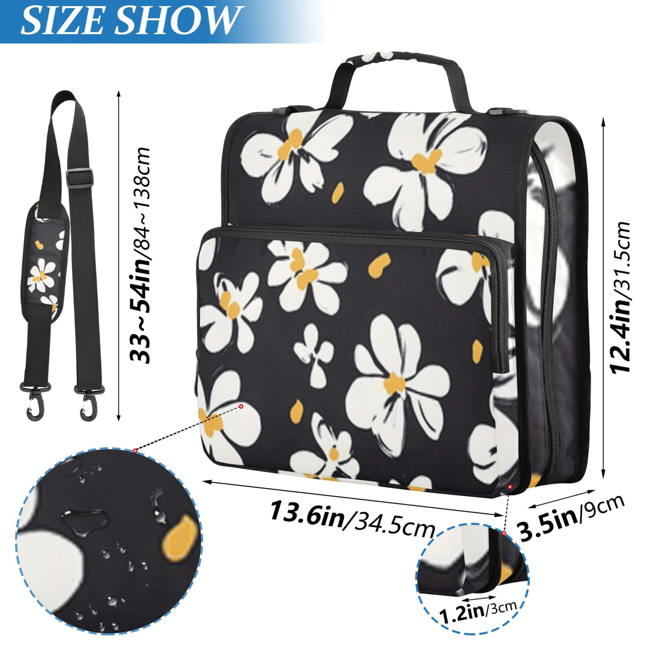 Zipper Binder Black Background White Flower 1.5 Inch Binder Folder Bag with Shoulder Strap and Handle