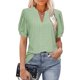 thumbnail image 1 of Blusa de manga abombada con cuello en V, Color puro, ajustada, informal, de manga corta, para mujer, color verde claro XXL, 1 of 5
