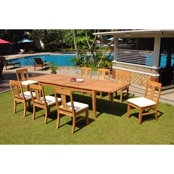 Grade-A Teak Dining Set: 8 Seater 9 Pc: 122" Atnas Double Extension Rectangle Table And 8 Osborne Armless Chairs Outdoor WholesaleTeak #WMDSWVm
