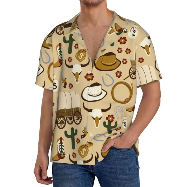 Fotbe Wild West Cowboy Camisa Estampada de Manga Corta para Hombre, Casual de Verano, Estilo Playero, Sin Arrugas-X-Large
