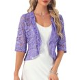 thumbnail image 4 of INSPIRE CHIC Women's Floral Lace Ruffle Hem Open Front Half Sleeve Lightweight Bolero Shrug 3XL Lavender, 4 of 6