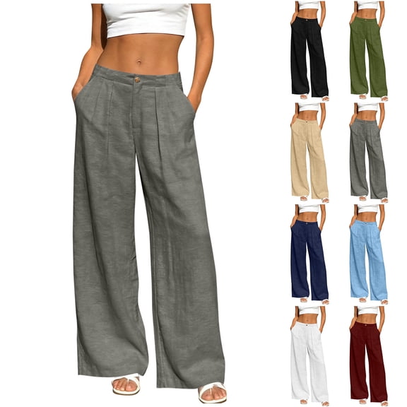 Bloomae Linen Pants Women Lightweight Casual Summer Loose Fit High Waist Pants Straight Leg Comfy Solid Lounge Trousers with Pockets Navy XL