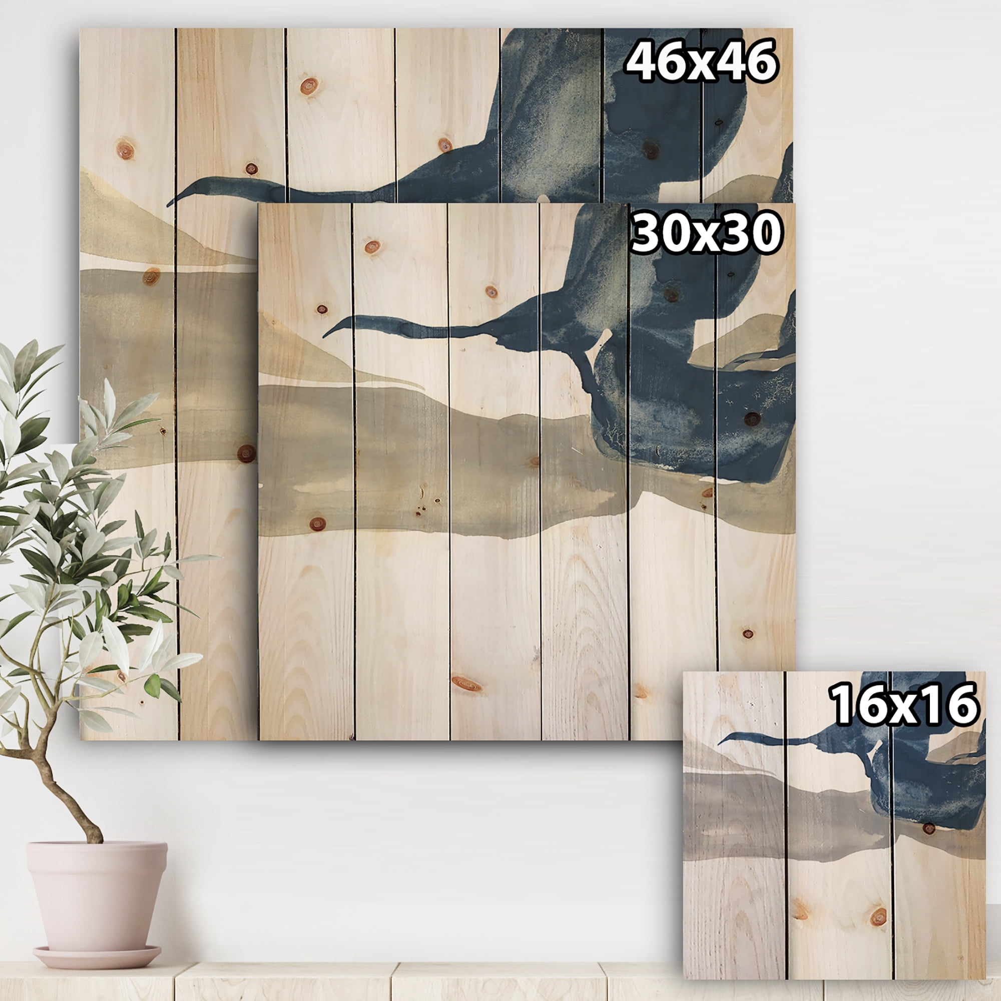 Designart 'Gouache Sapphire on Gray IV' Modern & Transitional Print on Natural Pine Wood