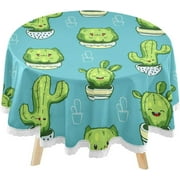 SKYSONIC Cute Cactus Funny Round Tablecloth 60inch Indoor Wrinkle Free, Green Blue Summer Circular Lace Table Cover Washable for Kitchen Party BBQ Dining Decor