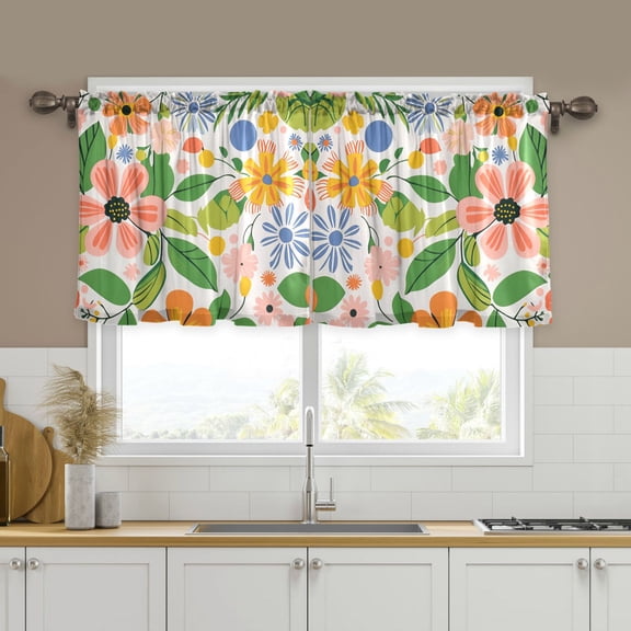 Yayeee Kitchen Curtains Tier Set of 2 Light Filtering 57"x24" Over Sink Window Panels, Retro Pink Floral