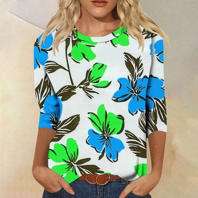 Ounisa T-Shirts à Manches 3/4 pour Femmes Col Rond Mode Décontractée Quotidienne Imprimé Tissu Doux Respirant Printemps 2026 Quotidien Décontracté Confortable Élégant Tendance Hauts P-2TG