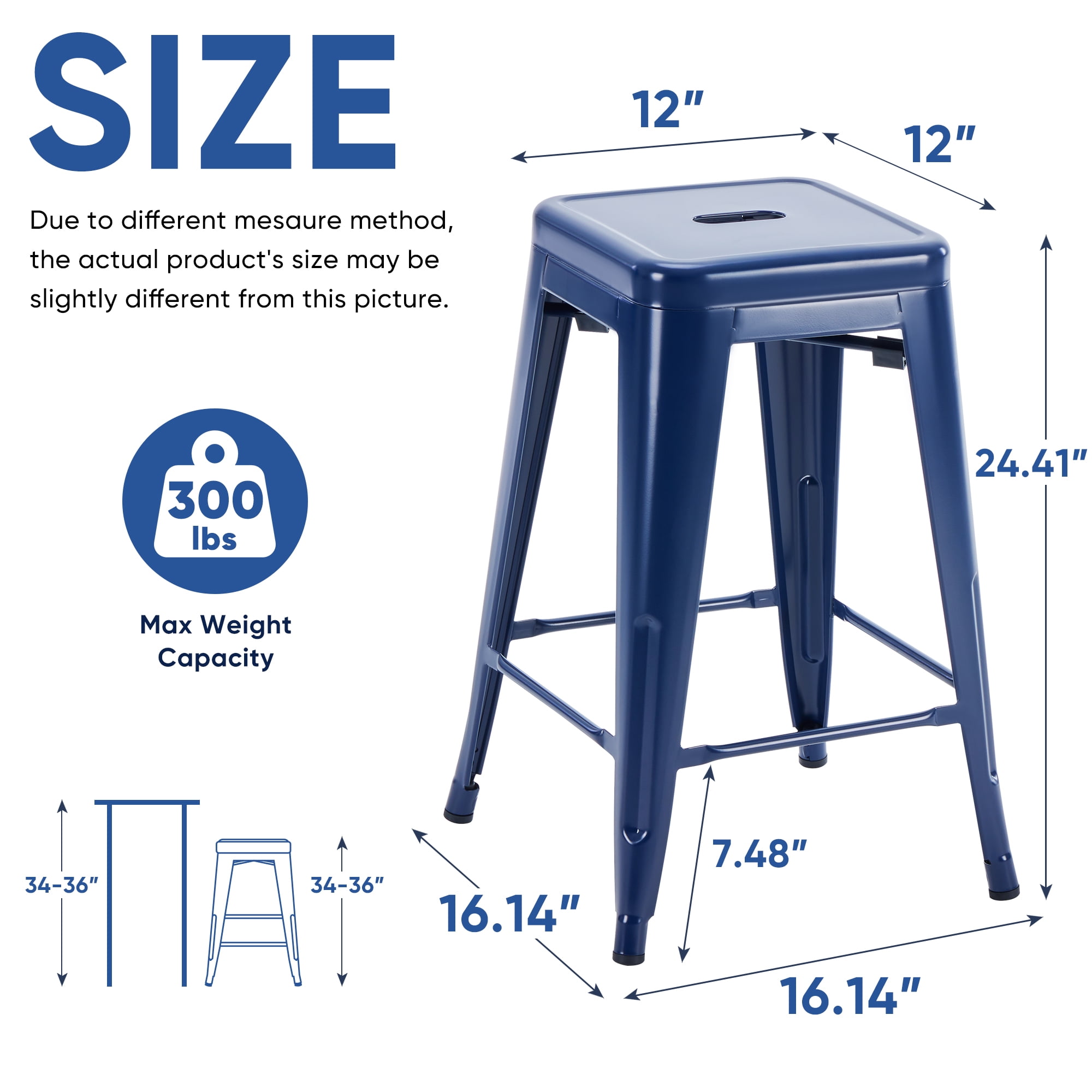 Metal Bar Stools, 4-Pack, Backless Counter Height, Stackable