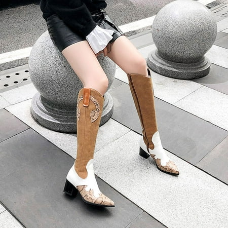 

VKEKIEO High Knee Boots For Women Round Toe High Heel Walking Shoes Ornamental Zipper Slip-On Khaki Winter Boots