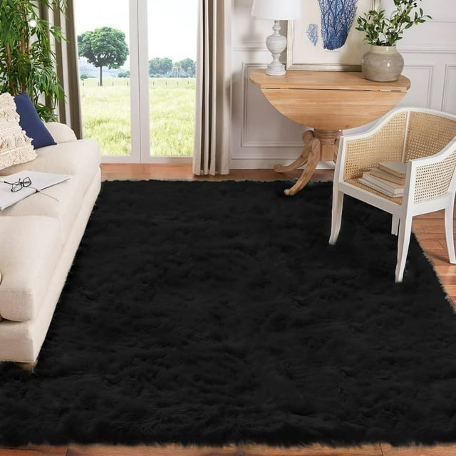 LAICAIW Rugs for Living Room 10x12 Black Fur Rug Faux Sheepskin Rug Large Rug Fuzzy Rug Shag Rug Fluffy Rug for Bedroom Sofa Office Rectangle Rug