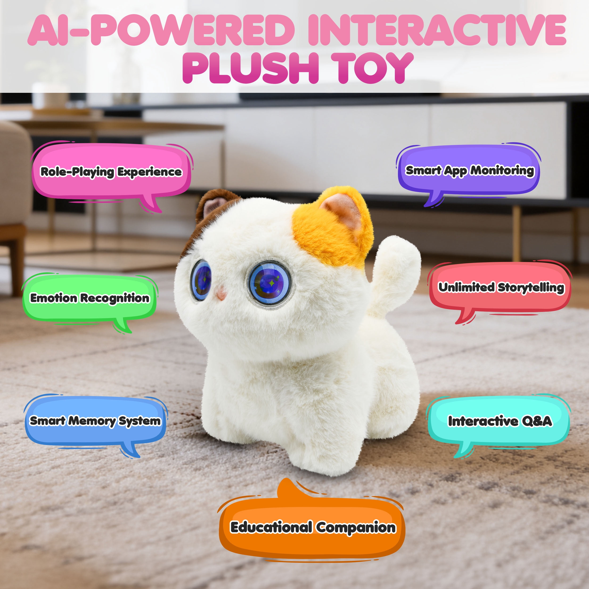 AI Pixie Paw Smart Interactive Plush Cat Voice Responsive Touch Activated Expressive Eyes AI Companion Stuffed Animal for Kids and Pet Lovers, White
