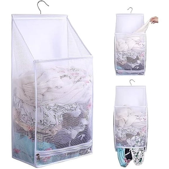 Hanging Collapsible Breathable Mesh laundry bags,Fast Drying Portable Space Saving Laundry Hamper for dorm,Rv Laundry Hamper Storage (White)