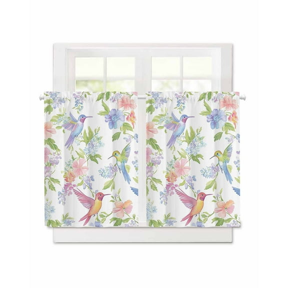 Spring Hummingbird Short Blackout Curtains 45 Inch Long Colorful Birds Floral Rod Pocket Kitchen Curtains, 2 Panels Thermal Insulated Room Darkening Drapes for Bedroom, 30"W x 45"L