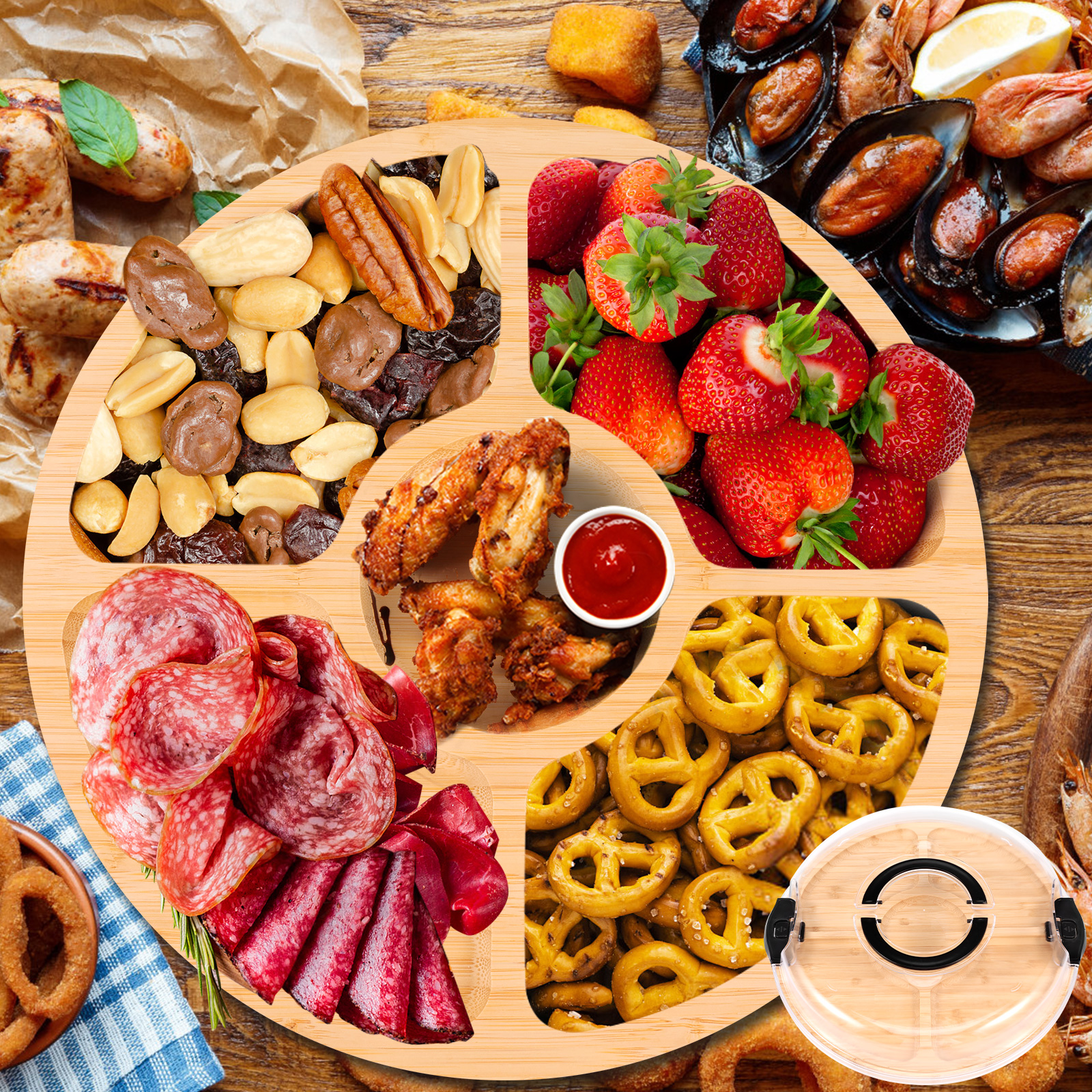 Ihvewuo Cheese Board Covered Fruits Platter Serving Tray Round Charcuterie Board with Lid Large Capacity Divided Design for Party Picnic Camping