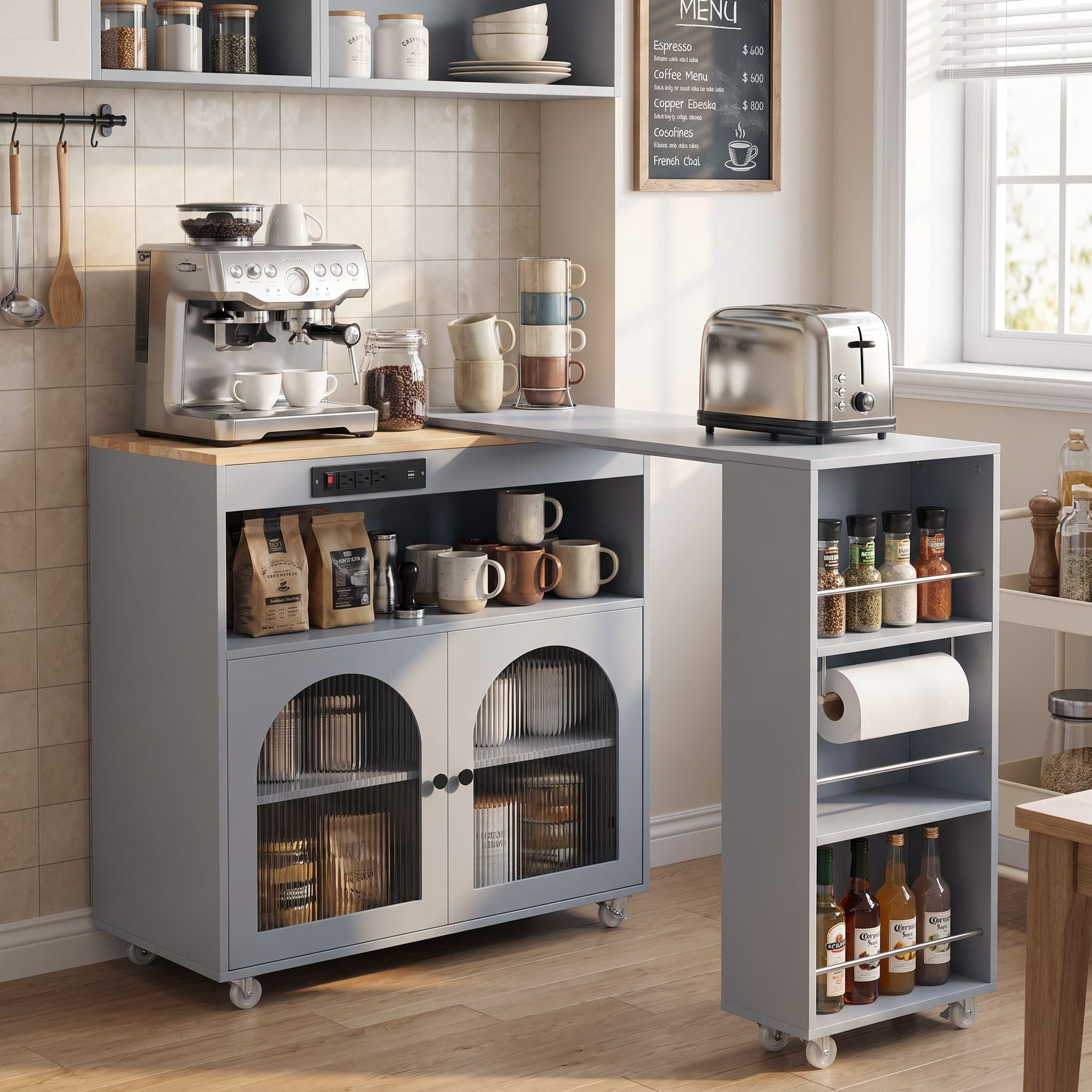 Homy Casa 56" Portable Rolling Kitchen Island Cart with Power Outlet, LED Storage and Extendable Table, Gray Blue