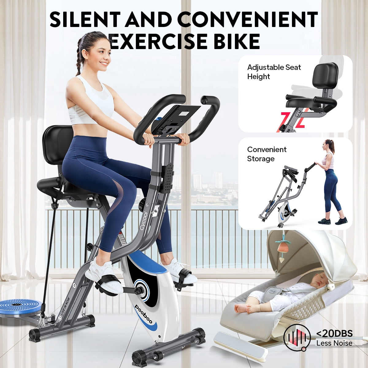 Pooboo 4in1 Folding Exercise Bike Indoor Home Cycling Bike Stationary Magnetic Cycling Bicycle X Bike Gym Workout 300 lbs
