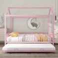 thumbnail image 2 of BEBPILOO Full Size Metal House Bed with Fence, With Trundle, Pink, 2 of 12