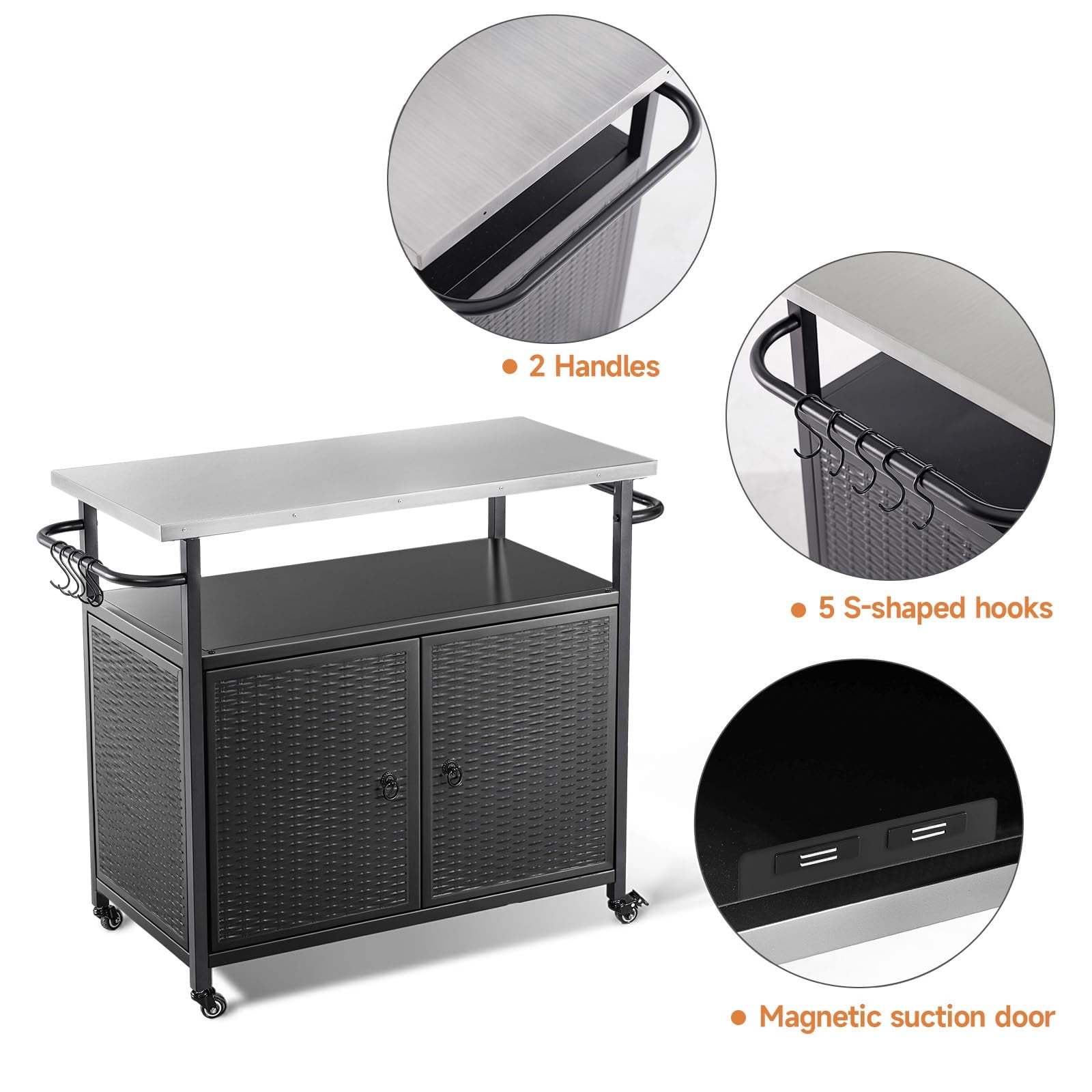 3-Tier Mobile Kitchen Island Cart | Stainless Steel BBQ Prep Table with Wheels, 71 Gal Storage for Outdoor Cooking, Parties & Backyard Fun - Black