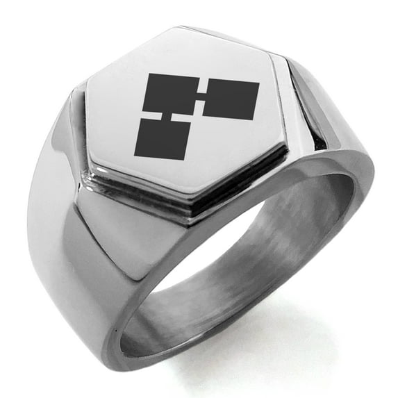 Stainless Steel Saito II Samurai Crest Engraved Hexagon Crest Flat Top Biker Style Polished Ring