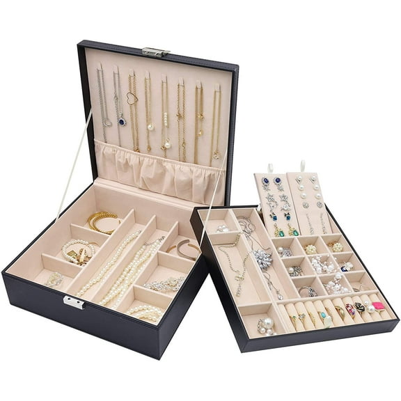 Procase Jewelry Box For Women Girls, Large Leather Jewelry Organizer Storage Case With Two Layers Display For Earrings Bracelets Rings Watches -Black