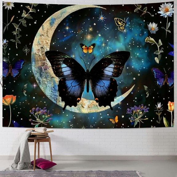 Creowell  Blue Butterfly Moon Phase Tapestry, Colorful Plant Flower Garden Tapestries Aesthetic Floral Botanical Star Wall Decor for Home Bedroom  40x30inch
