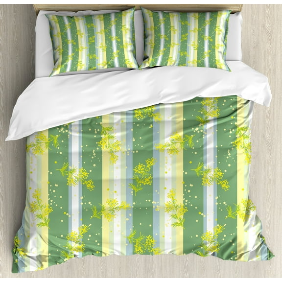 Striped Duvet Cover Set, Mimosa Spring Flower Leaves on Striped Back March Blossoms Feminine Design Art, Decorative 3 Piece Bedding Set with 2 Pillow Shams, Queen Size, Yellow Green, by Ambesonne