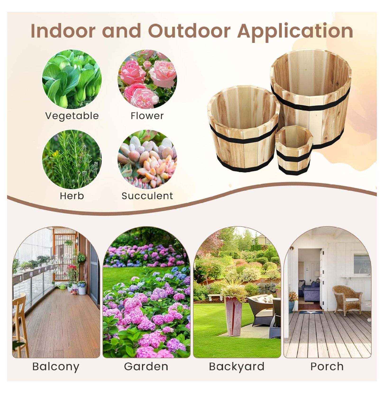 Wooden Plant Pots, 3-Piece Whiskey Barrel Planters w/ Drainage - Indoor Outdoor Flower & Herb Pots for Patio, Garden, Home Decor