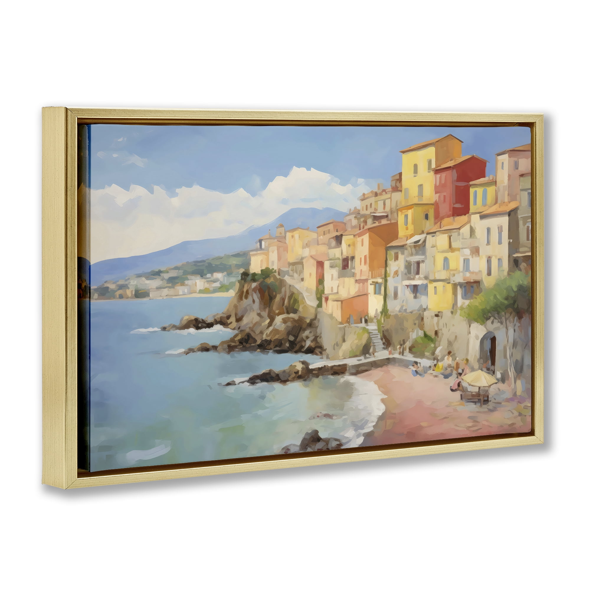 Stupell Industries Colorful Coastal Town by Sea Gold Framed Floater Canvas Wall Art, design by Creative Studio