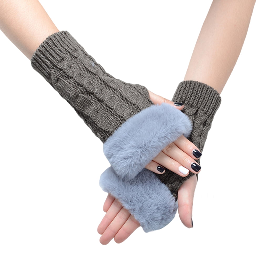 Women's Fingerless Gloves Cable Knit Soft Vegan Fur Mittens Over Wrist 