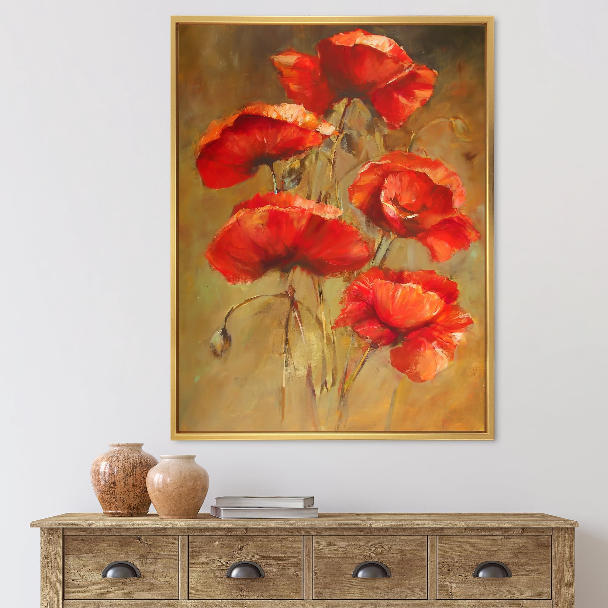 Designart 'Blooming Vintage Poppies I' Traditional Framed Canvas Wall Art Print