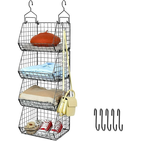 4 Tier Hanging Closet Organizers Storage Shelves with 5 S Hooks, X-cosrack Cabinet Wire Storage Basket Bins for Clothing Vegetable & Fruit Organizer,Black