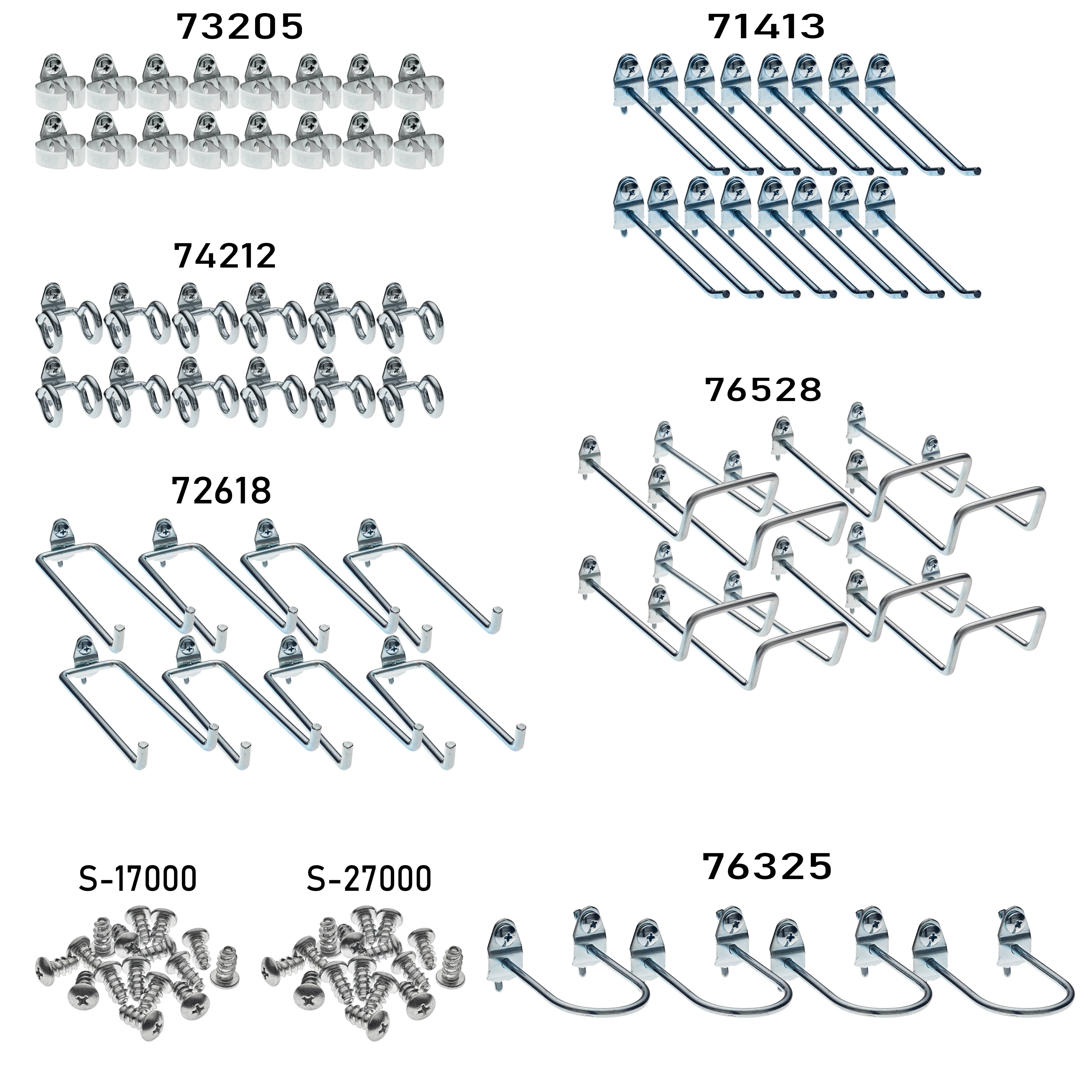 Triton Products® DuraHook 64-Piece Zinc Plated Steel Hook Assortment for DuraBoard or 1/8" and 1/4" Pegboard