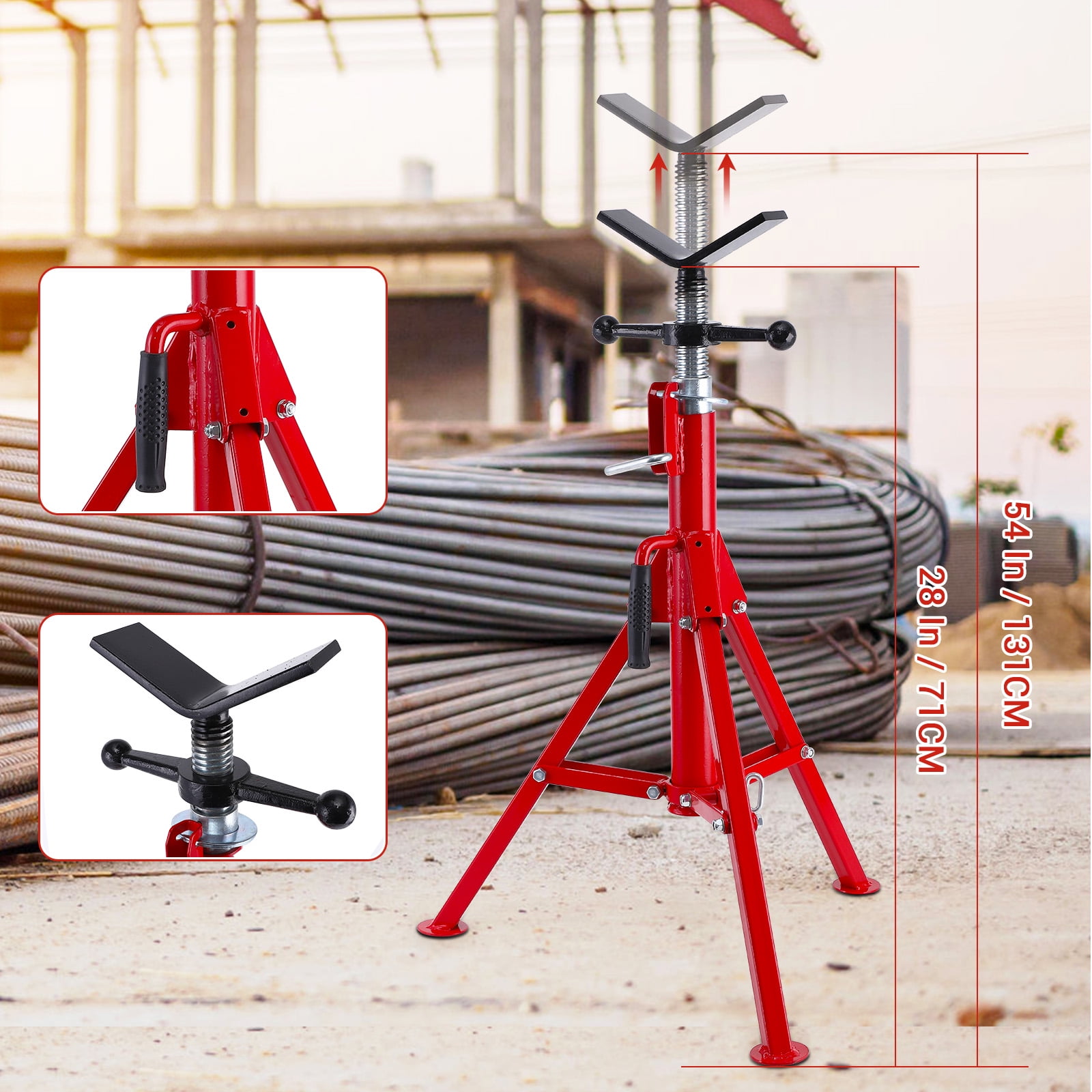 V Head Pipe Jack Stand, 1/8 in-12 in Capacity,Adjustable Height 28 in -52 in, Heavy Duty Pipe Stand Carbon Steel, 2500Lbs Load, Folding Legs for Welding, Threading, Hole Cutting