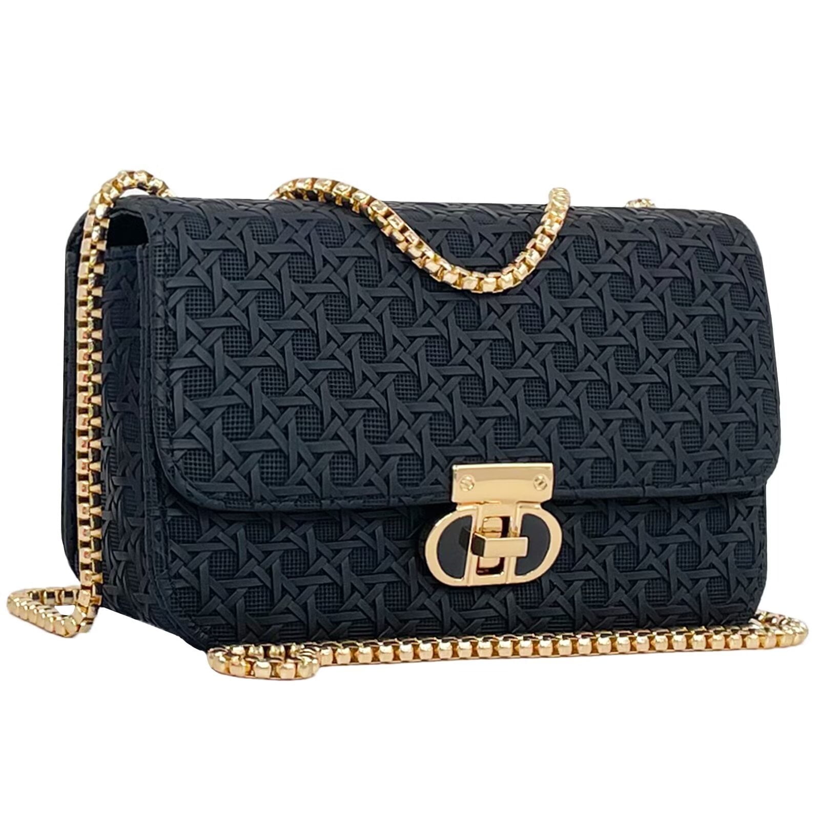 PORT&LOTUS Mini Shoulder Bag with Gold Chain Strap Woven Faux PU Leather Handbags for Lady Small Black Purse Formal Evening Clutch Purse Ladies Bags