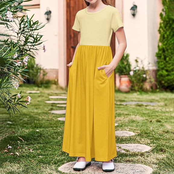 Girls Maxi Dresses with Pockets Summer Size 4-14 Casual Short Sleeve Crewneck Color-Block Pullover A-Line Beach Long Dress