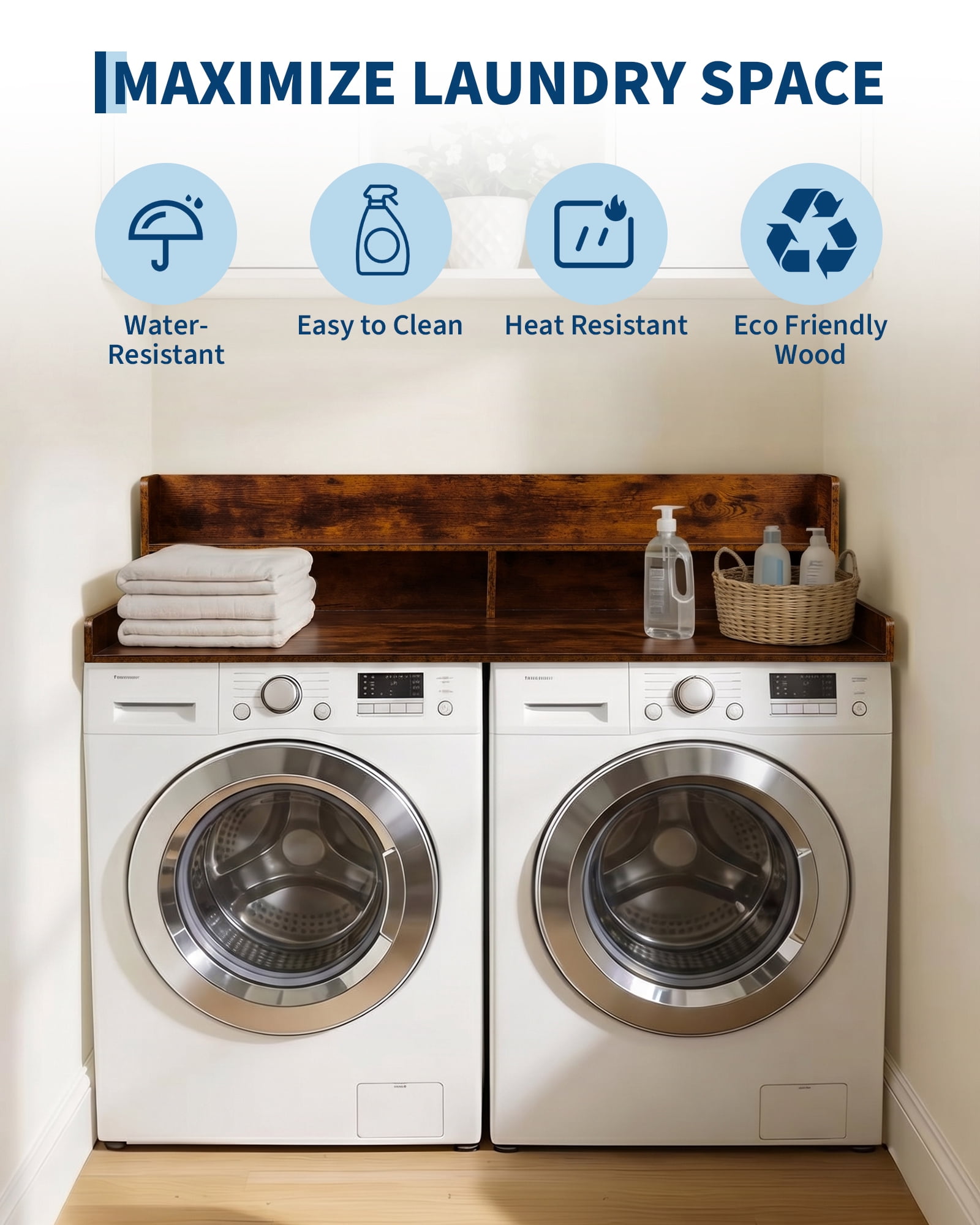 Garvee Laundry Shelf Over Washer and Dryer 54" x 27.5", Heavy Duty Wooden Countertop Topper with 12" Fences, Farmhouse Decor Organizer Table for Laundry Room - Walnut Finish
