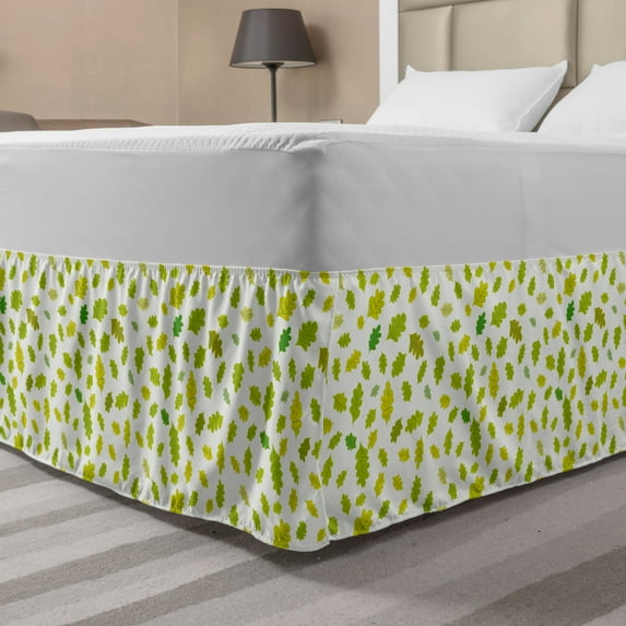 Leaves Bed Skirt, Autumn Themed Monotone Oak Leaves Botanical Nature Style, Elastic Bedskirt Dust Ruffle Wrap Around for Bedding Decor, 4 Sizes, Fern Green Apple Green, by Ambesonne