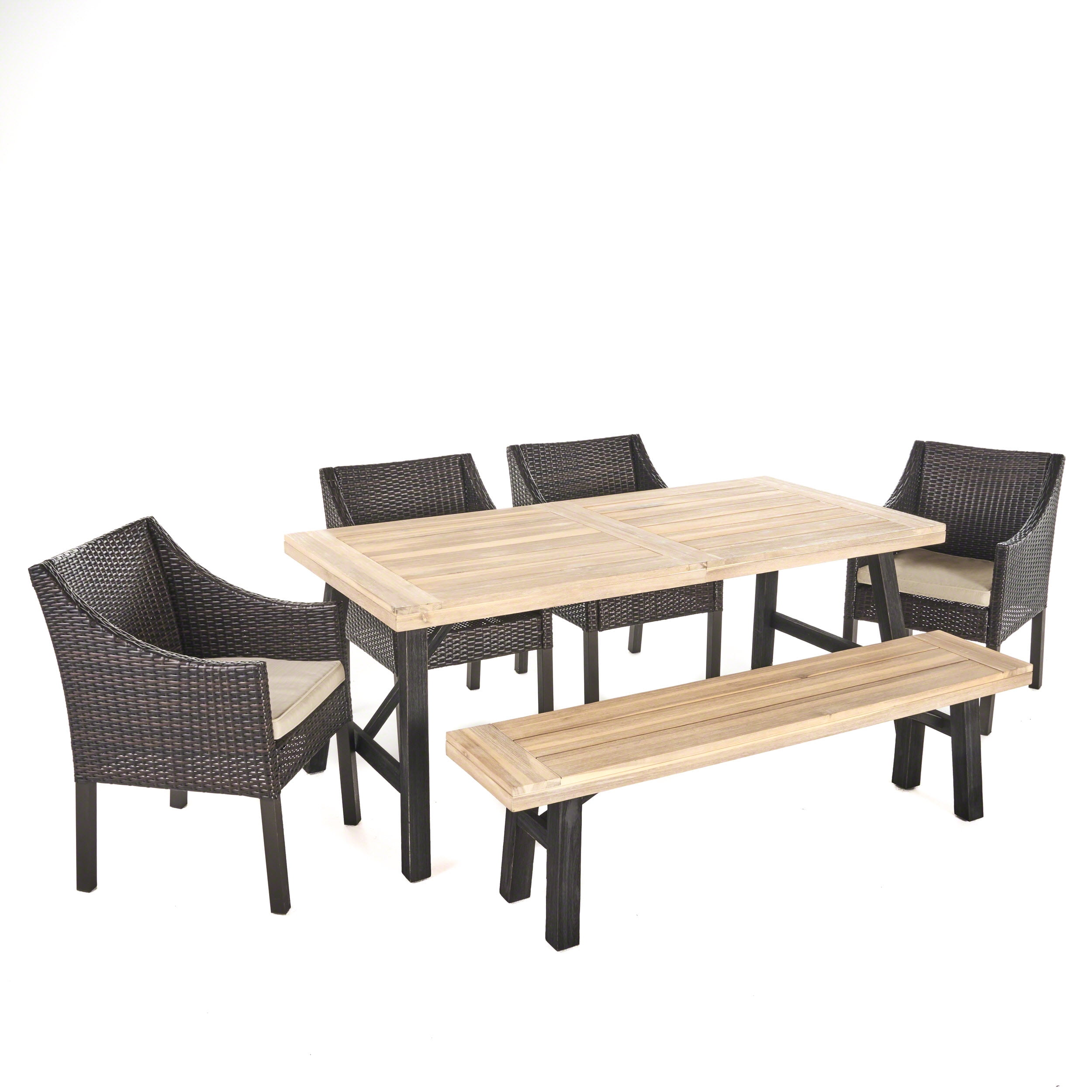 Sherwood Outdoor 6 Piece Acacia Wood Dining Set with Multibrown Wicker Dining Chairs with Cushions, Brushed Grey, Beige