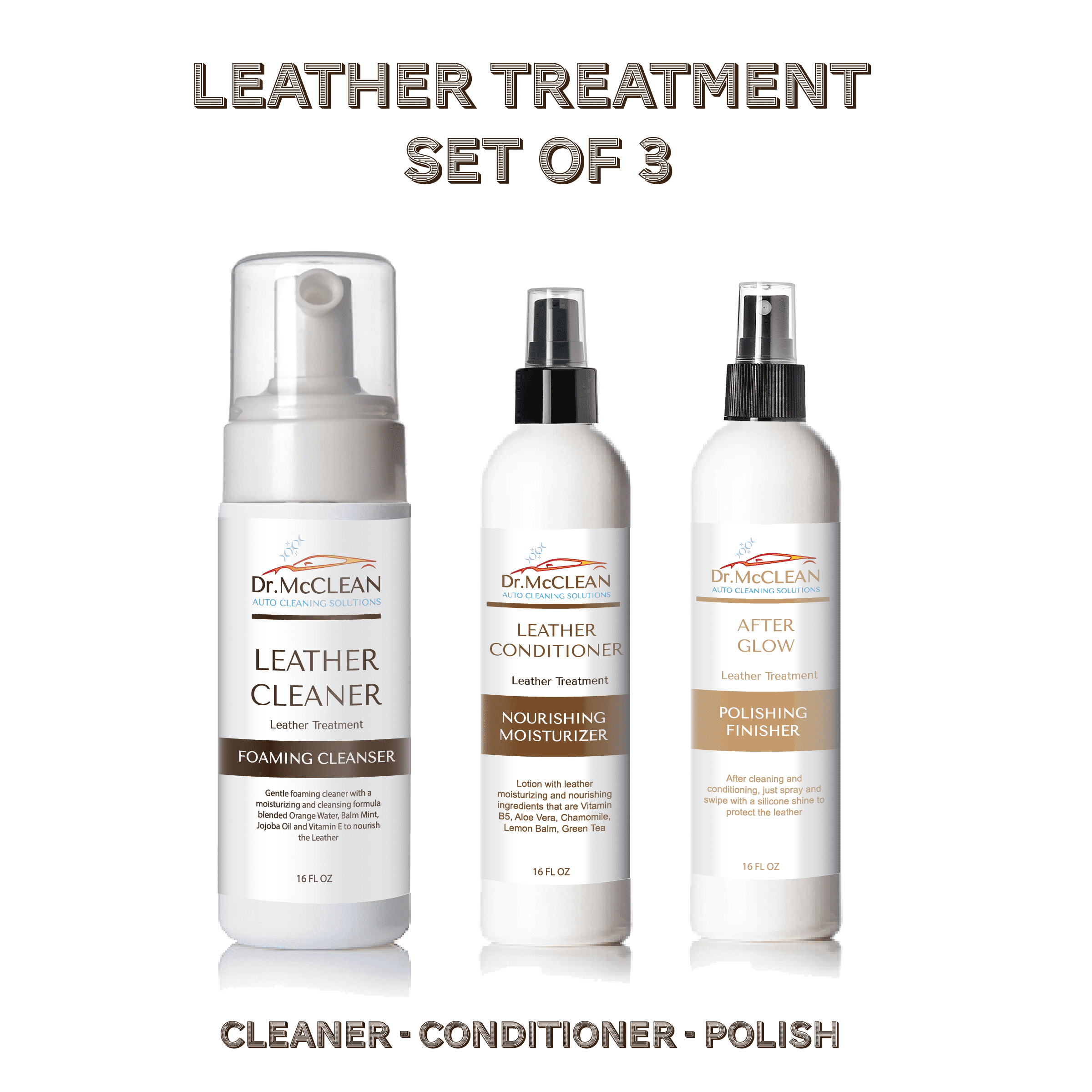 Leather Cleaning Treatment Set of 3 of 8oz of Cleanser, Moisturizer and Polishing