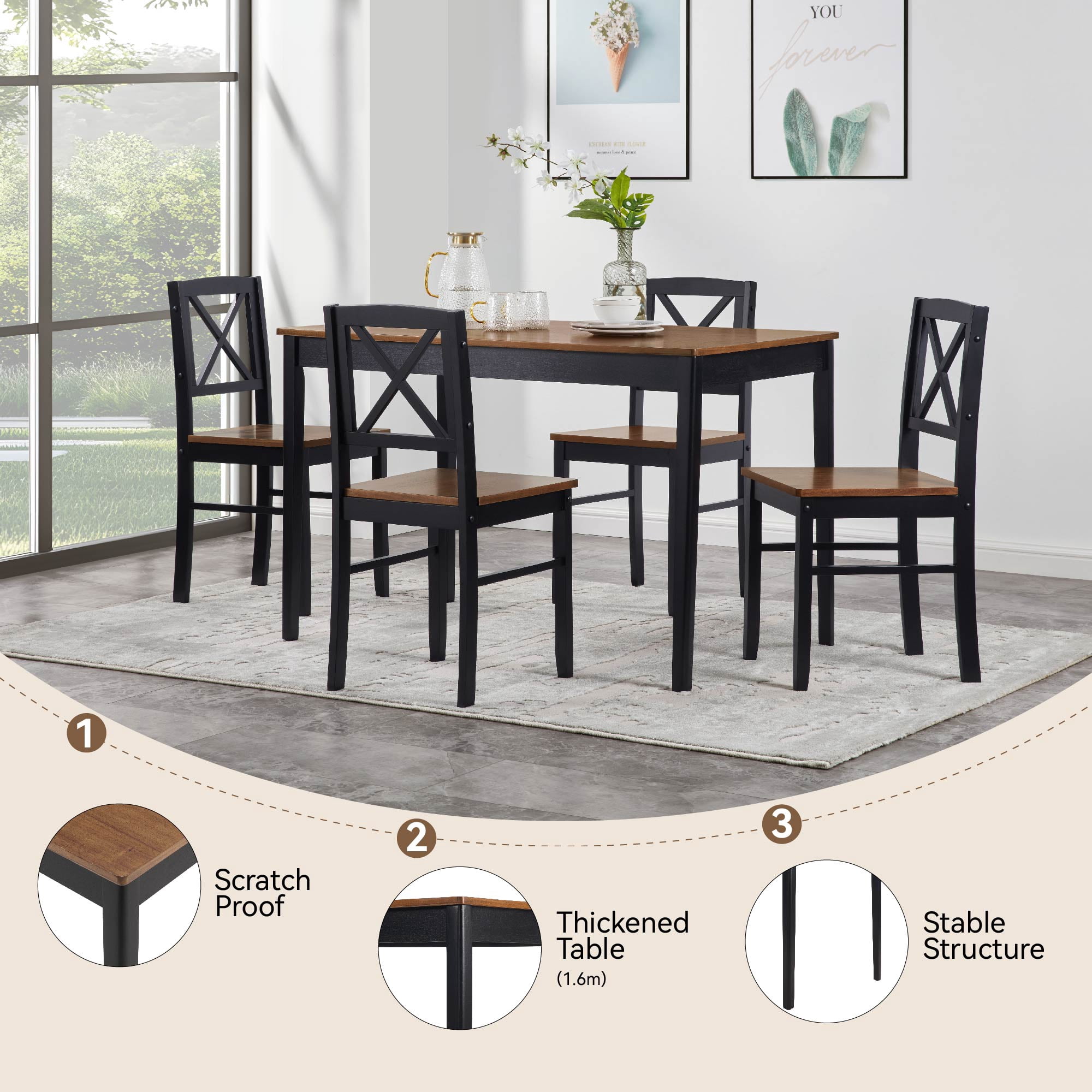 MAYEERTY Eco-Friendly Solid Wood Dining Set – Sustainable Dining Table with Black Metal Accents for Home & Restaurant,Dark Brown