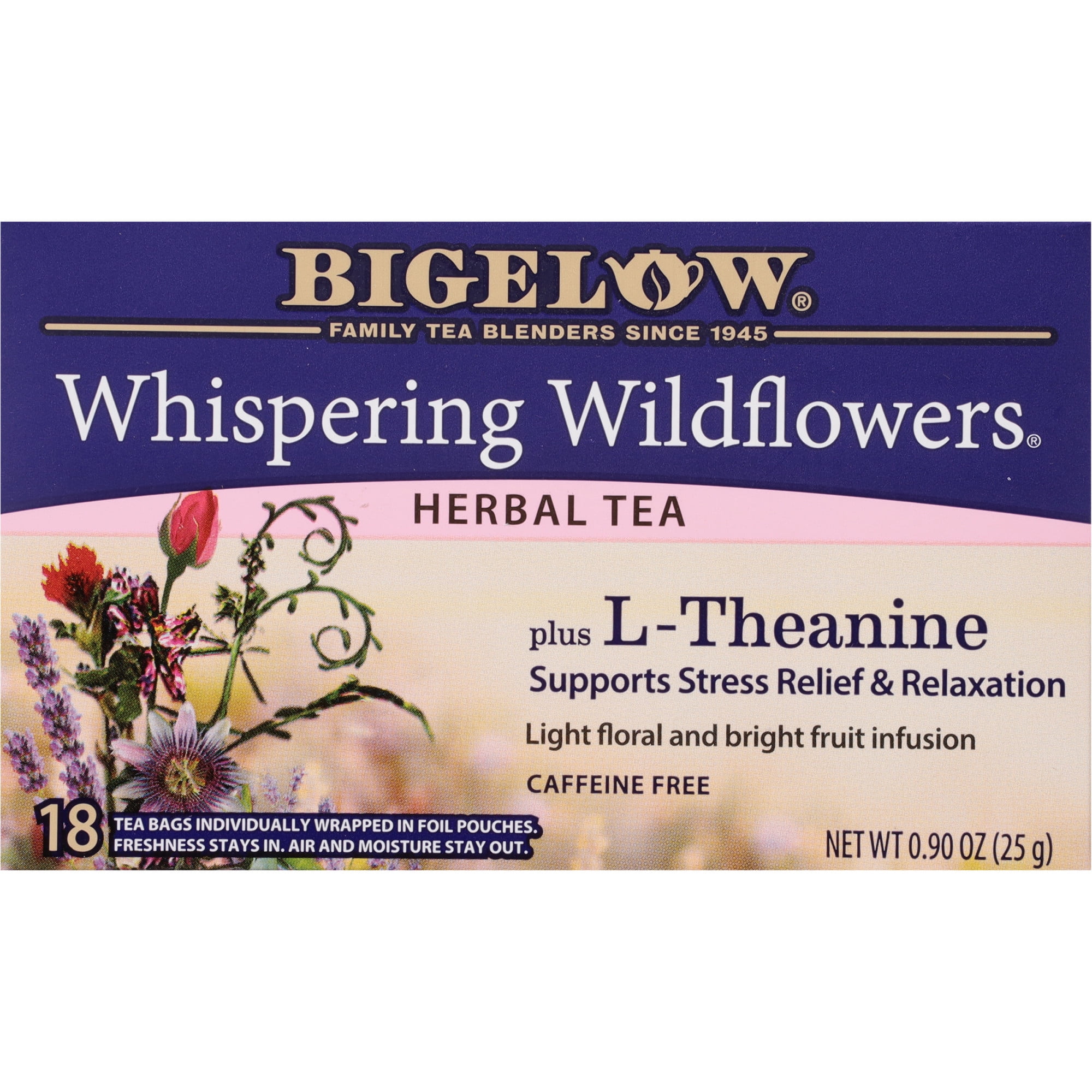 (3 pack) Bigelow Whispering Wildflowers Plus L-Theanine, Caffeine-Free Herbal Tea Bags, 18 Count