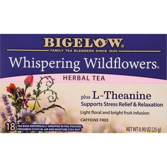 Bigelow Whispering Wildflowers Plus L-Theanine, Caffeine-Free Herbal Tea Bags, 18 Count