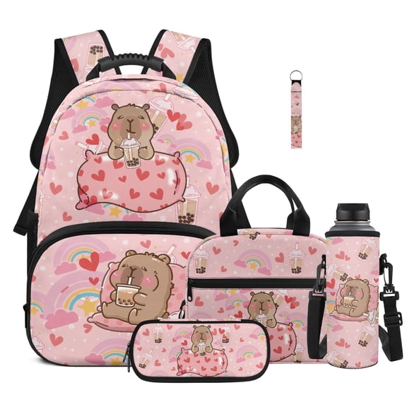 XYZCANDO 5 Piece Kids Backpack Set Schoolbag with Adjustable Strap, Lunch Bag, Stationery Case, Water Bottle Cover, Key Lanyard for Kids Daily School