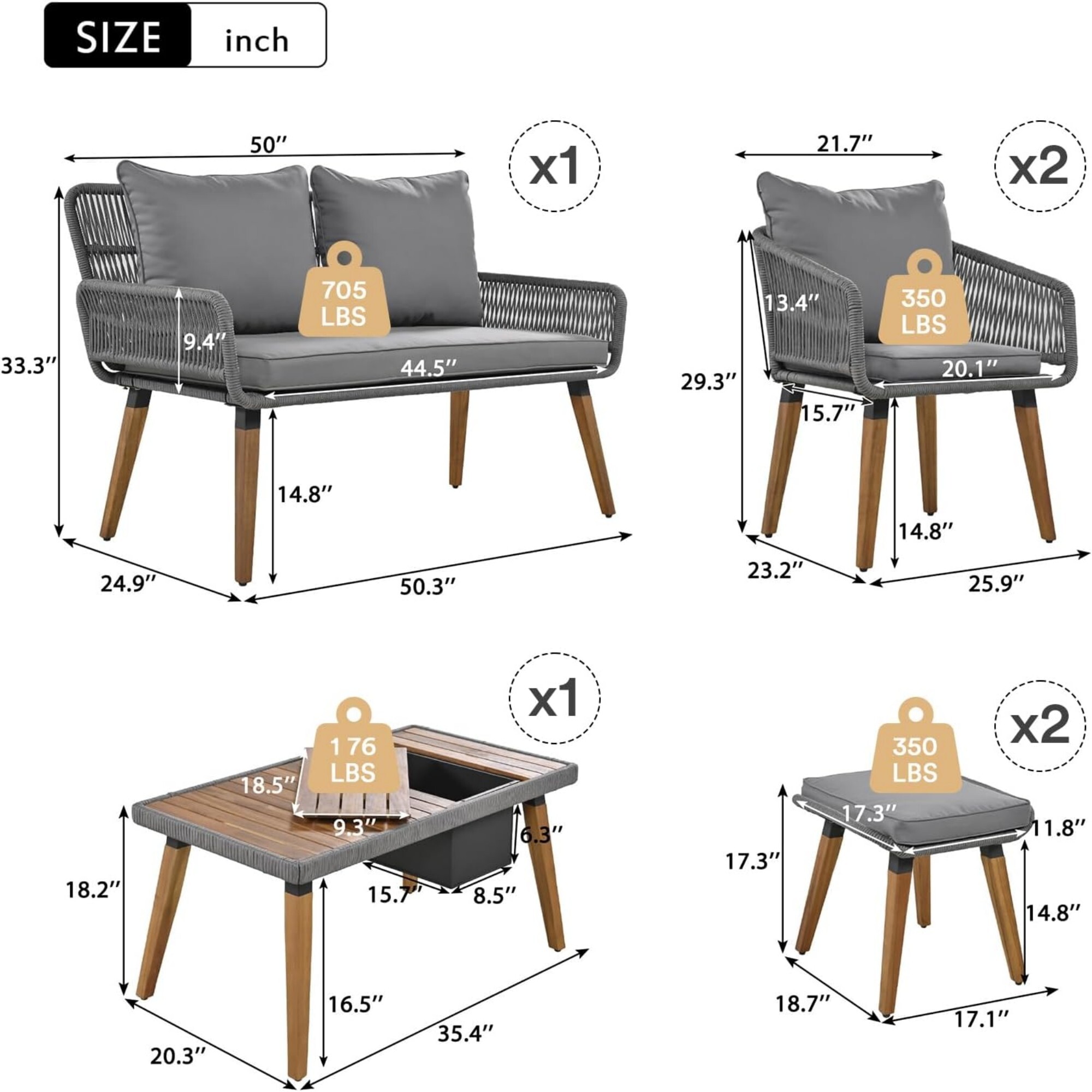AENKYO 6-Piece Outdoor Patio Furniture Set, Patio Conversation Set with Cushioned Rope Woven Chairs, Cool Bar Coffee Table with Ice Bucket, Dark Gray