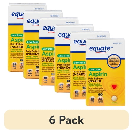 (6 pack) Equate Low Dose Aspirin Pain Relief Safety Coated Tablets, 81 mg, 60 Count, Compare to Bayer® Low Dose Aspirin Active Ingredient