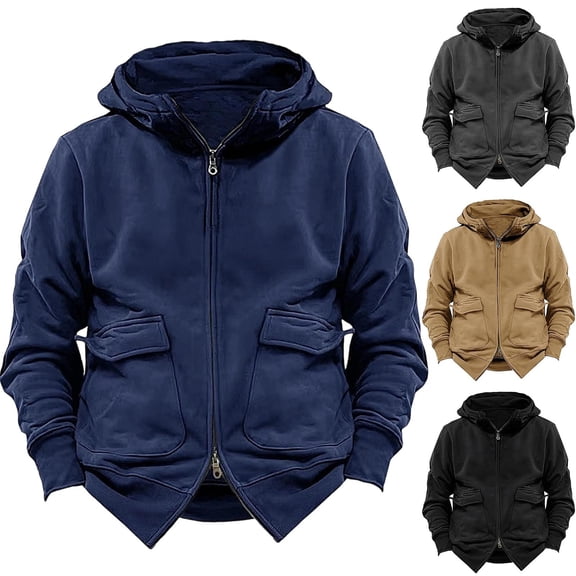 Babcutegg Men's Double Zipper Jacket Hoodies Loose Fit Long Sleeve with Pockets Fall Winter Casual Hooded Sweatshirts Black Size L