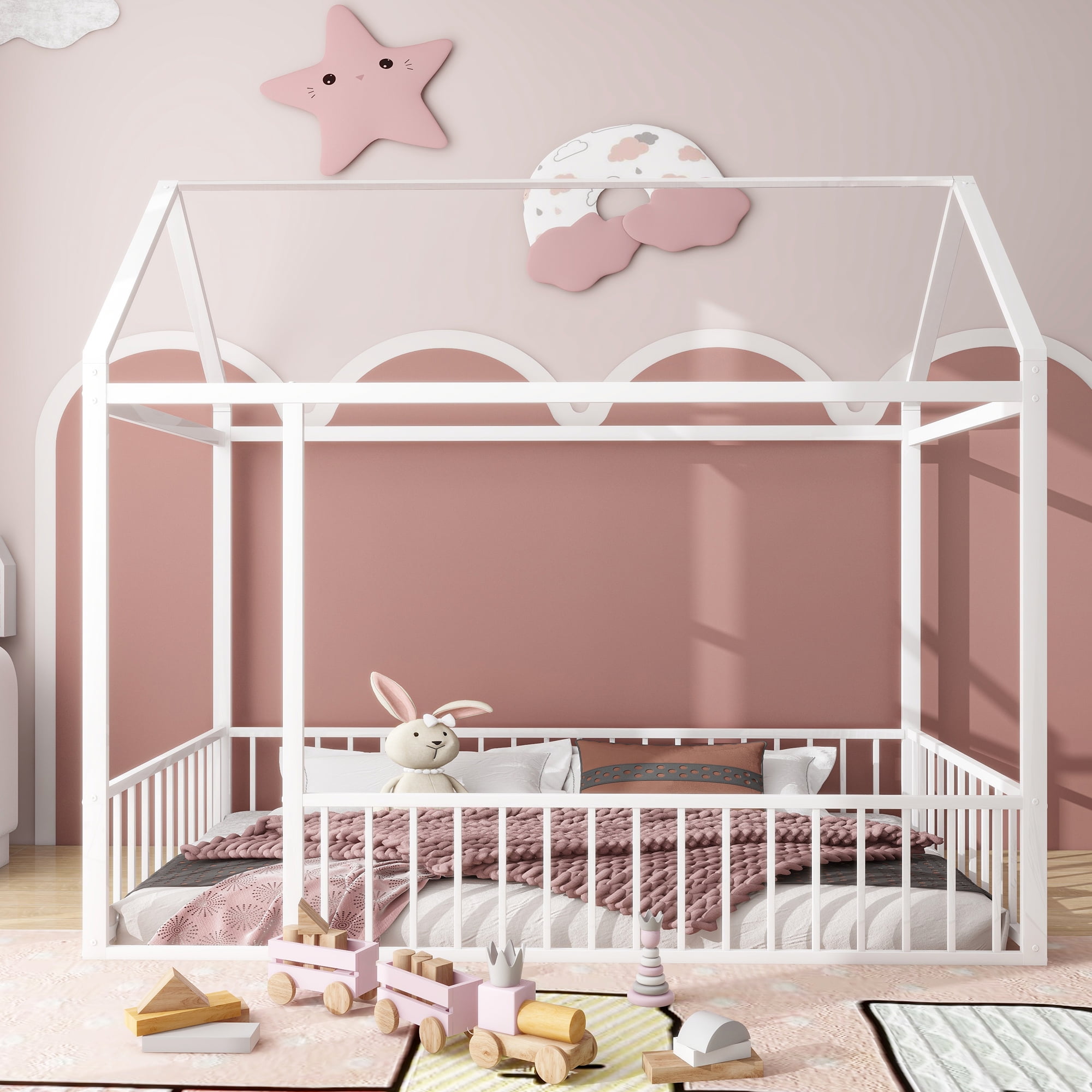 Gewnee Twin Size Metal House Bed frame with Fence,Montessori Floor Bed for Toddler and Kids,White