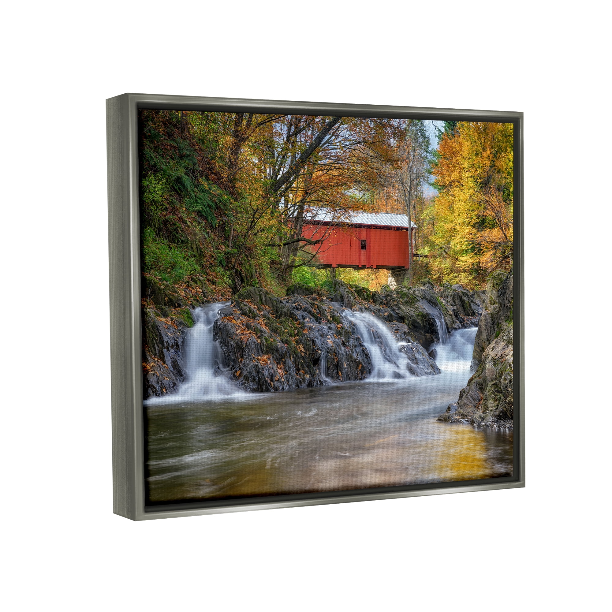 Stupell Bridge Waterfalls Flowing River Foliage Landscape Photography Gray Floater Framed Art Print Wall Art
