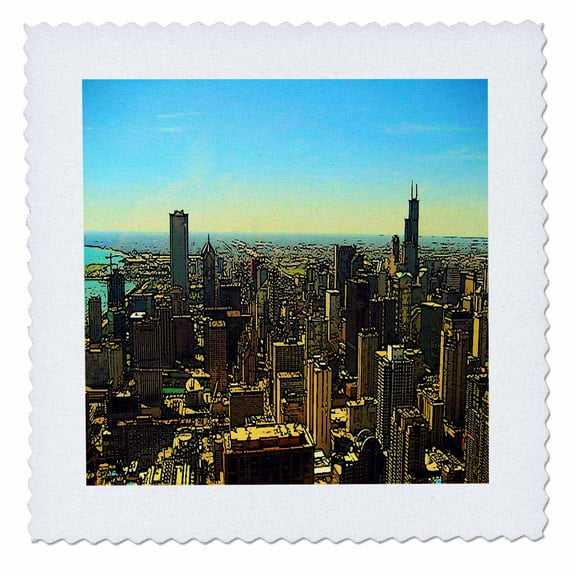 3dRose Chicago Skyline cartoon - Quilt Square, 8 by 8-inch