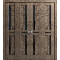 Sliding Closet Double Bi-fold Doors | Veregio 7588 Cognac Oak with Black Glass | Sturdy Tracks Moldings Trims Hardware Set | Wood Solid Bedroom Wardrobe Doors